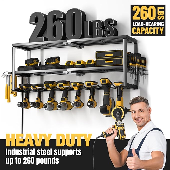 YYR Heavy Duty Power Tool Organizer with Charging Station, Cordless Drill Hanger Storage Rack, Battery Tools Holder Wall Moun