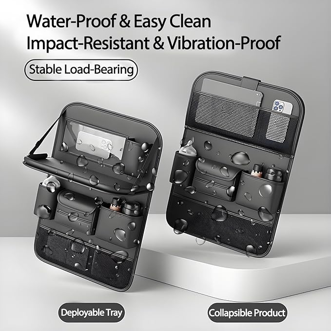 Universal Foldable Car Backseat Organizer with Table Tray, Car Seat Back Protector with Touch Screen Phone Holder, Premium Leather Kick Mats with Storage Pockets Tissue Holder (Black)