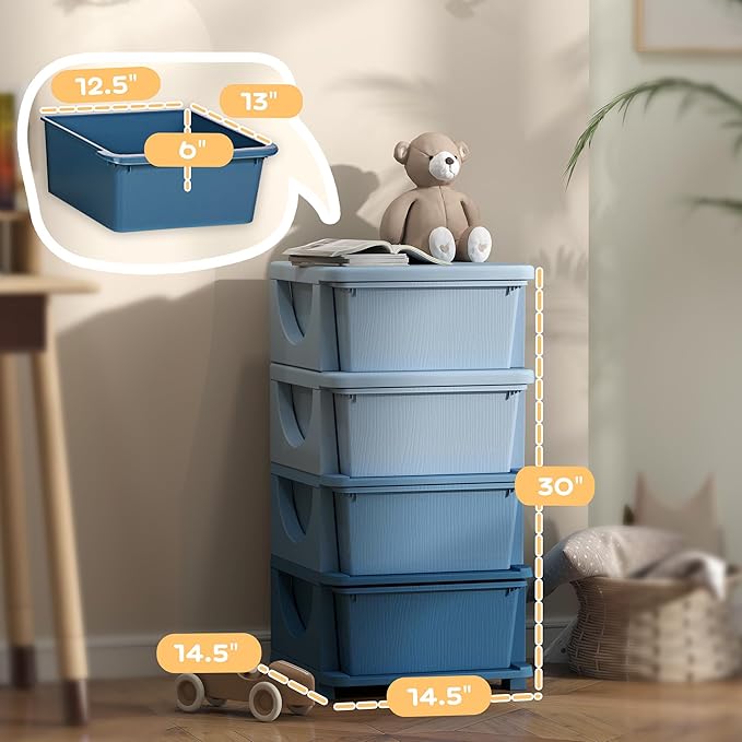 Qaba 4 Tier Kids Storage Unit, Toy Organizers and Storage with 4 Drawer Chest for Kids Bedroom Nursery Kindergarten Living Ro