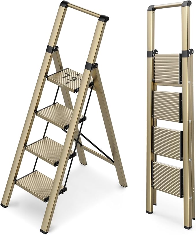 WOA WOA 4 Step Ladder for 10 Feet High Ceiling, Lightweight Foldable Ladder with Non-Slip Wide Pedals, Step Stool with Safe H