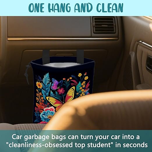 Car Garbage Bag Colorful Flowers and Butterflies Hanging Canvas Car Trash Bag Waterproof Drawstring Car Back Seat Organizer for Car Back Front Seat Console with Adjustable Buckle