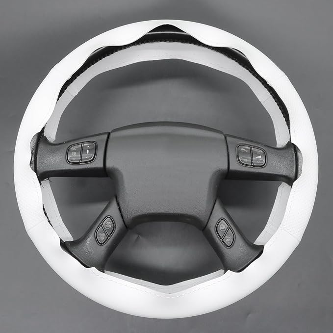 MEWANT Hand Stitched Steering Wheel Cover for Chevy Silverado 1500 2003-2006 DIY White Faux Leather Steering Wheel Wrap
