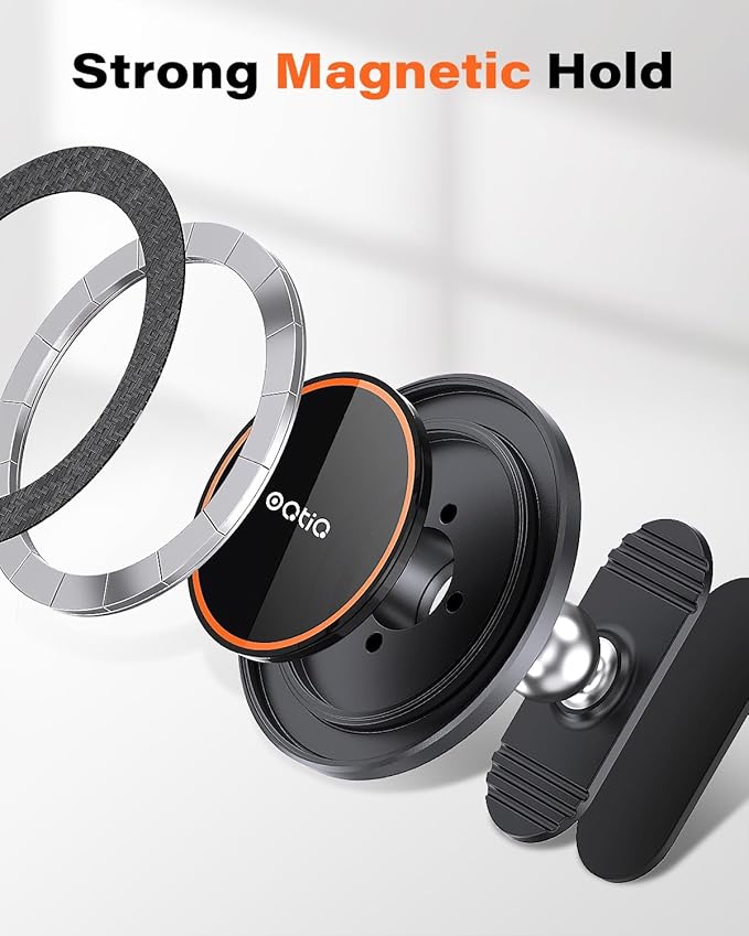 OQTIQ Magnetic Car Phone Mount Holder, Dashboard Mount with 3M Adhesive, Black Carbon Fiber, Aluminum, MagSafe Compatible for iPhone 17/16/15/14/13/12, 360-Degree Adjustable, 2 Pack (Orange-2 Pack)