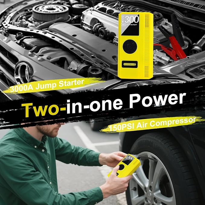 7-in-1 Car Jump Starter with Air Compressor, 3000A Portable 12V Power Pack, 150PSI Digital Tire Inflator for 9L Gas/7L