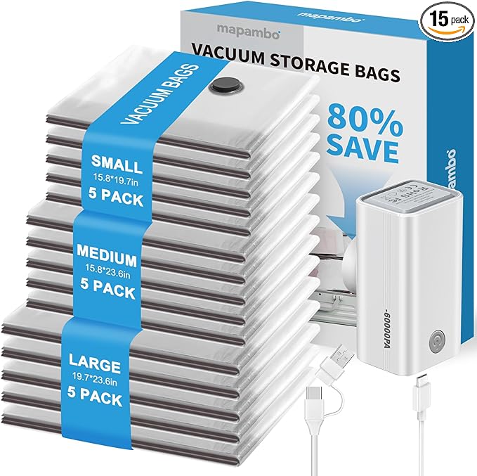 Mapambo Vacuum Storage Bags with -60000Pa USB Pump, 15 Pack Vacuum Seal Bags for Clothing Travel in 3 Sizes, Travel Vacuum Ba
