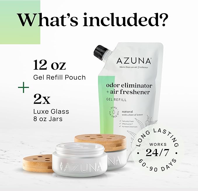Azuna Air Freshener & Odor Eliminator for Strong Odor | 2 Room Kit Includes (2) 8 oz. Empty Luxe Glass Jars & 12 oz | Refill 