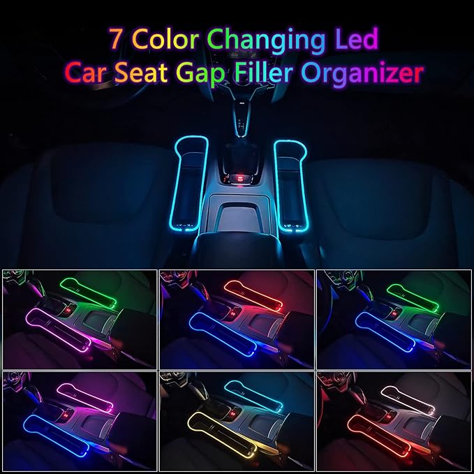 2 Pack Car Seat Gap Organizer,Multifunctional Seat Gap Storage Box with USB Fast Charger, Car Seat Pockets with Led Light, Car Seat Gap Filler with Cup Holder (Black)