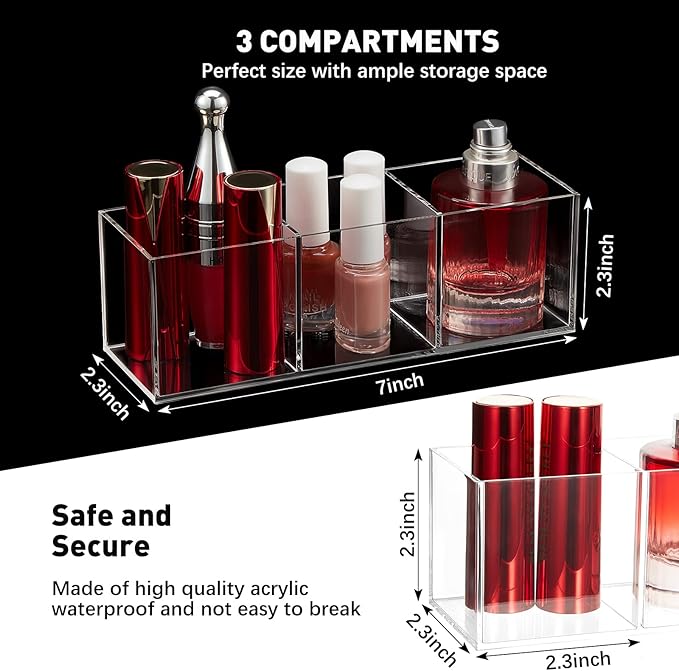 Epakh 2 Pieces Acrylic Cube Organizer 3 Compartments Clear Acrylic Pencil Holder Makeup Brush Drawer Organizer for Desk, Offi