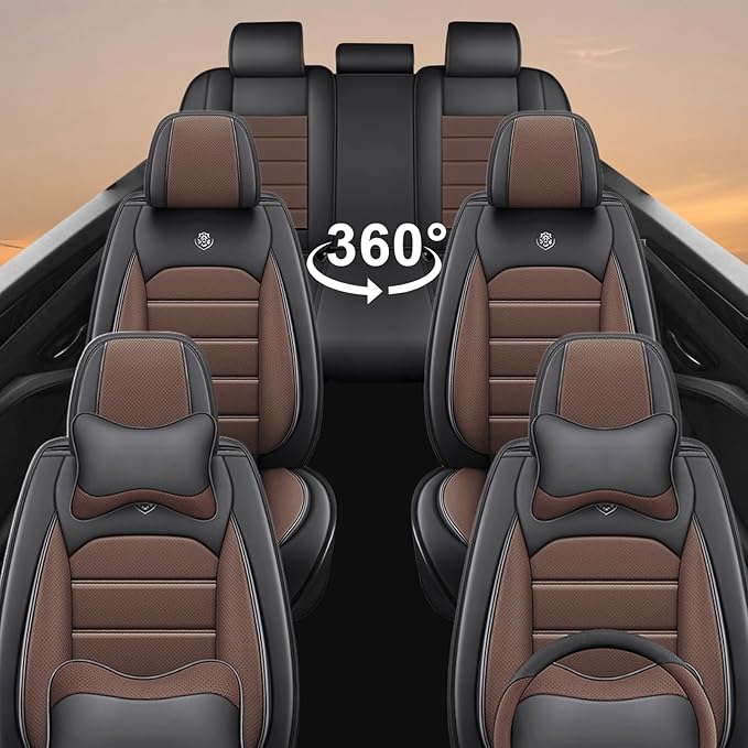 Seat Covers Full Set for GMC Yukon XL 2000-2025, 7 Seat, Leather Seat Covers for Cars, Car Seat Protector Waterproof, Non-Slip Interior with Pillow Steering Wheel Covers, Black Coffee