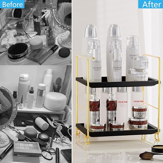 FSyueyun 2-Tier Bathroom Countertop Organizer, Tool-Less Installation Premium Plastics Makeup Shelf Organizer Perfume Skincar