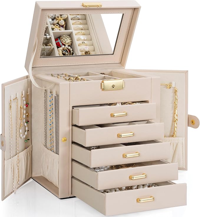 TORIBIO Large Jewelry Box for Women, Leather Jewelry Organizer with Mirror & Lock, 6-Tier Jewelry Storage Case for Girls/Wome