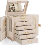 TORIBIO Large Jewelry Box for Women, Leather Jewelry Organizer with Mirror & Lock, 6-Tier Jewelry Storage Case for Girls/Wome