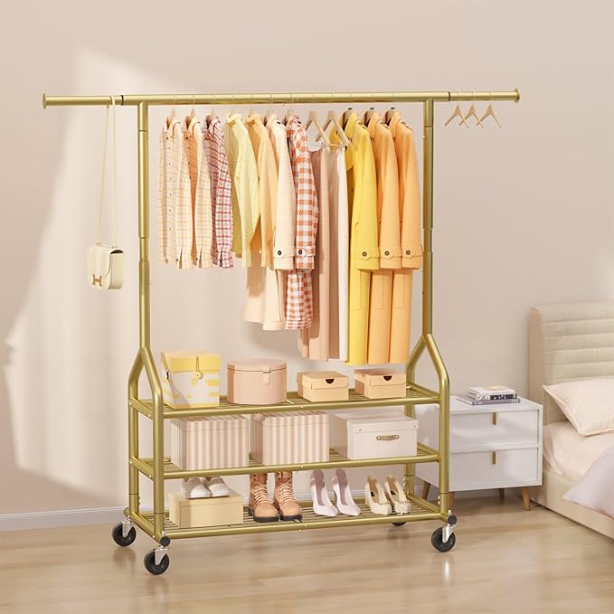 EAGMAK Heavy Duty Clothes Rack Load 688 LBS, Rolling Clothing Rack With 3 Shelves, Adjustable Metal Clothes Hanger with Wheel