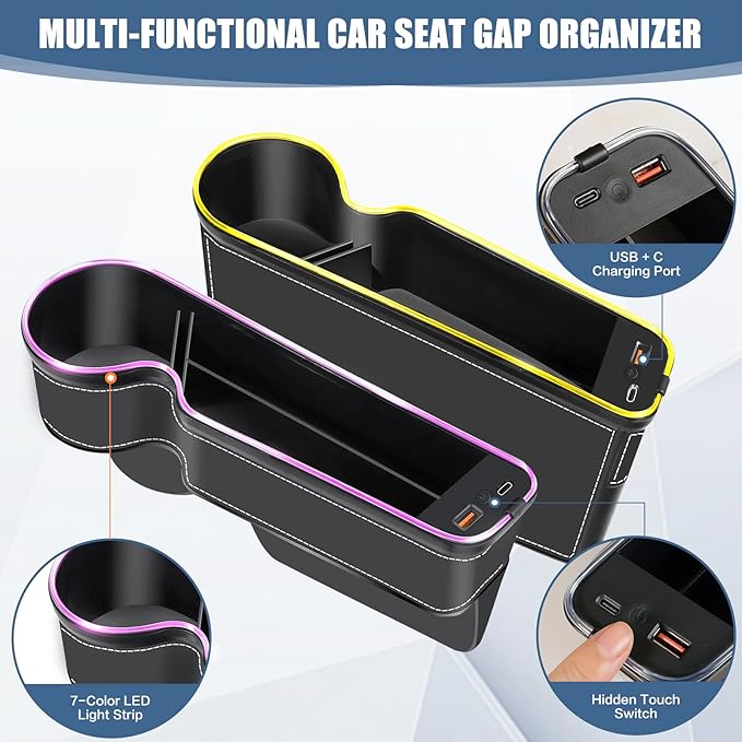 7 Color Led Car Seat Gap Filler Organizer Car Seat Pocket Gap Filler with USB+C Fast Charger,Car Gap Organizer Storage 2023 Console Side Seat Gap Filler fit for Passenger Side(Black-passenger side)