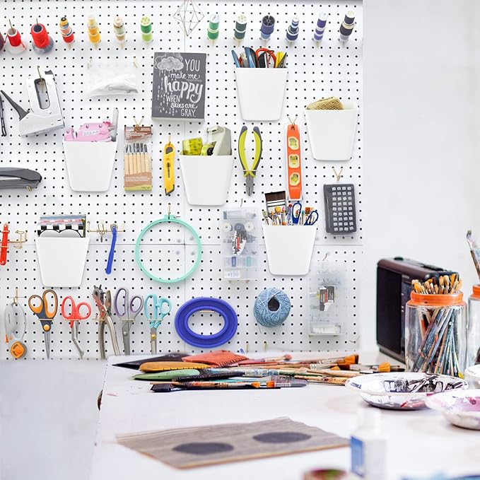 G.CORE Large Pegboard Cups Peg Board Storage Bin 6 Pack with Hooks, Square Box Shape Pegboard Cup Holder Accessories for Gara