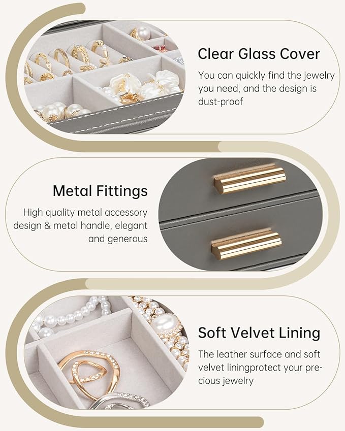 AKOZLIN Jewelry Box with Clear Lid Functional Leather Jewelry Storage Organizer Case 2 Drawers for Women Girls Necklace Ring 