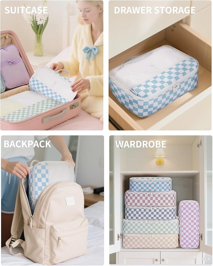 Narwey 7 Set Checkered Packing Cubes for Travel Kids Women, Durable Packing Organizer Bags for Carry on Suitcase Luggage Trav