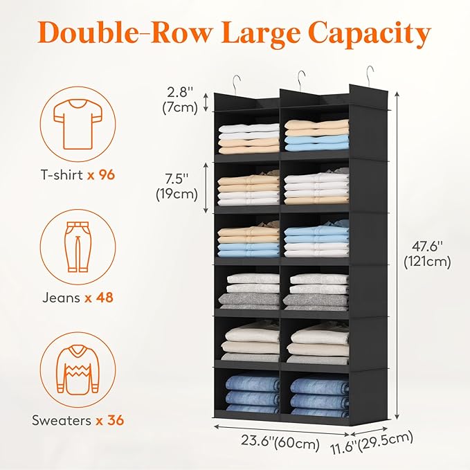 Lifewit Dual-Row Shelf Hanging Closet Organizer and Storage, Clothes Shelves with 3 Sturdy Hooks for Clothing Organization, F