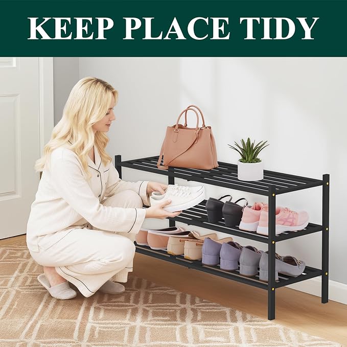 Smiry Long Bamboo Shoe Rack 3-Tier, Stackable Wooden Shoe Organizer for Entryway & Closet, Free Standing Wood Shoe Storage Sh