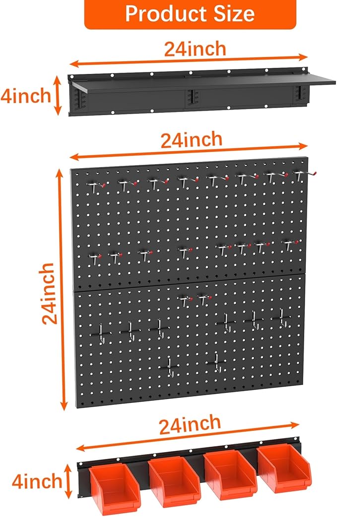 TORACK Garage Metal Pegboard with Accessories, Tools Organizer Peg Board with Pegboard Hooks, Wall Mounted Bins, Tool Storage