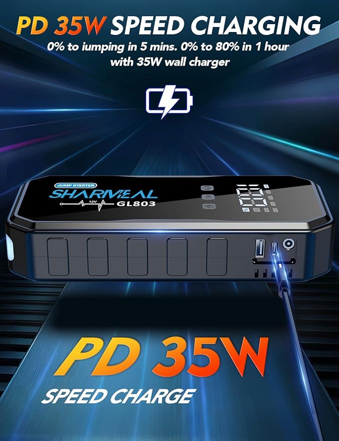 Sharmeal 22-in-1 9000A Jump Starter, 24000mAh Car Booster Pack with 80W AC Outlet & PD 35W Super Fast Charging, 12V Jump
