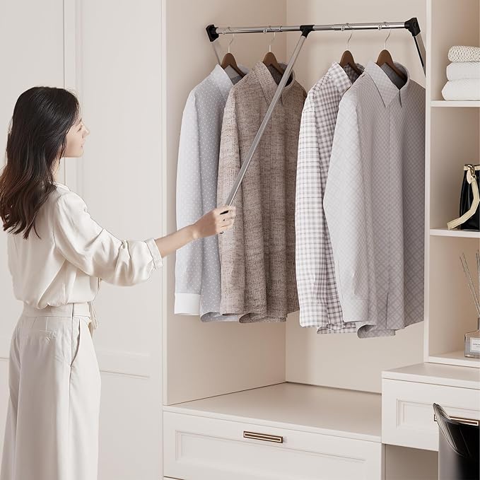 Pull Down Closet Rod, Adjustable 33-45 Inches Soft-Close Wardrobe Rail, Two-way Buffering Stainless Steel Back Mounted Organi