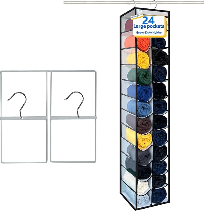 Closet Organization, 24 Section Hanging Closet Organizer, Space Saving, College Dorm Essentials, Heavy Duty Hooks Up to 45 Po