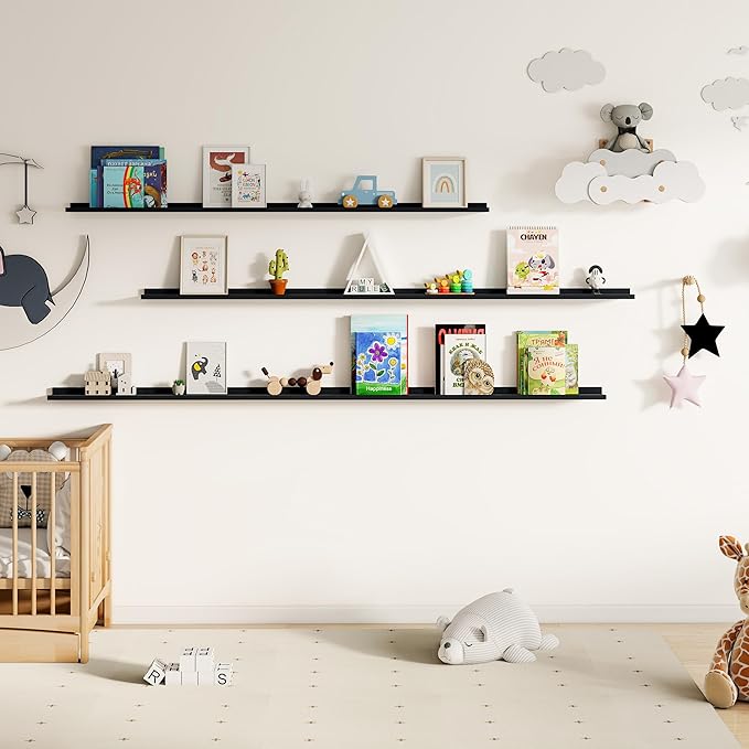 Fun Memories Picture Ledge Shelf, 60 Inch Floating Shelves Set of 2, Large Nursery Book Shelves for Toys Storage, Kids Booksh
