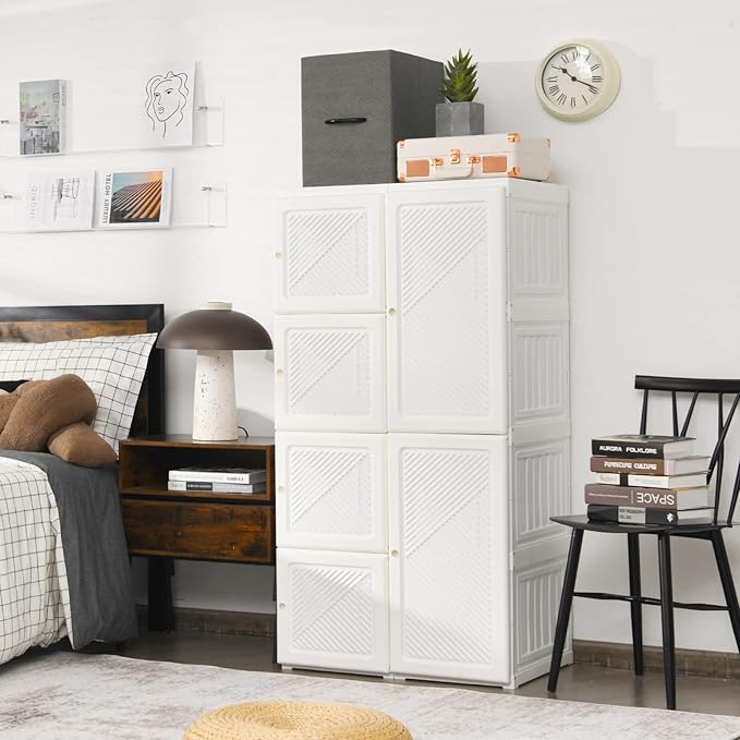 Tangkula Portable Closet Wardrobe, Foldable Clothes Organizer with Cubby Storage, Hanging Rods, Easy Assemble Clothing Storag