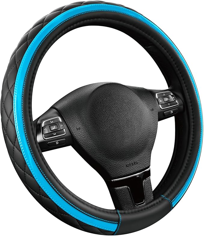 Road Comforts Leather Steering Wheel Cover – Black & Blue, Universal Fit 14.5-15 Inch, Microfiber Leather, Anti-Slip & Breath