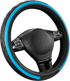 Road Comforts Leather Steering Wheel Cover – Black & Blue, Universal Fit 14.5-15 Inch, Microfiber Leather, Anti-Slip & Breath
