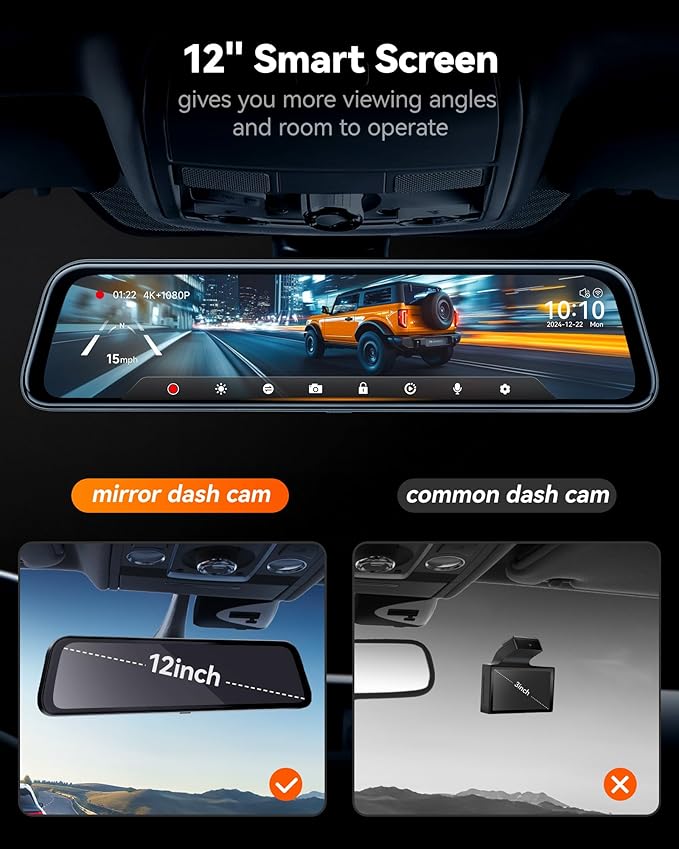 WOLFBOX G840S 12" 4K Mirror Dash Cam Backup Camera, 5.8GHz WiFi Smart Rearview Mirror for Cars & Trucks, Front and Rear View 