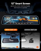 WOLFBOX G840S 12" 4K Mirror Dash Cam Backup Camera, 5.8GHz WiFi Smart Rearview Mirror for Cars & Trucks, Front and Rear View 