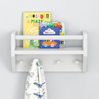 Max & Lily Wall Shelf with Pegs, 16 Inch Floating Bookshelf for Kids Room, Solid Wood Wall-Mounted Storage Shelf with Hooks f