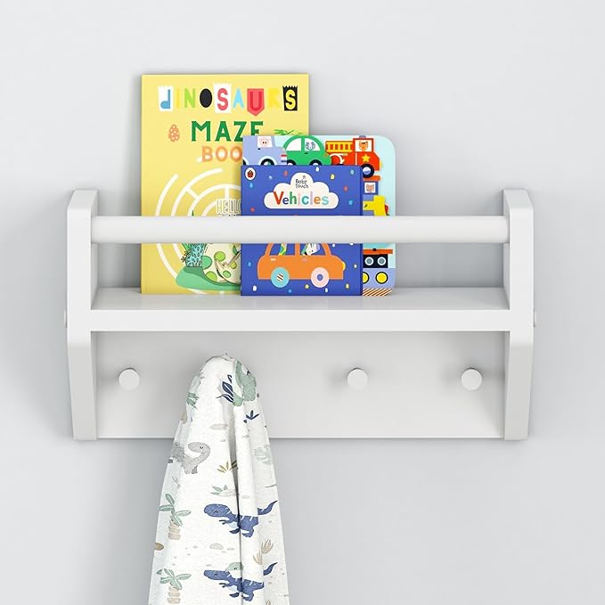Max & Lily Wall Shelf with Pegs, 16 Inch Floating Bookshelf for Kids Room, Solid Wood Wall-Mounted Storage Shelf with Hooks f