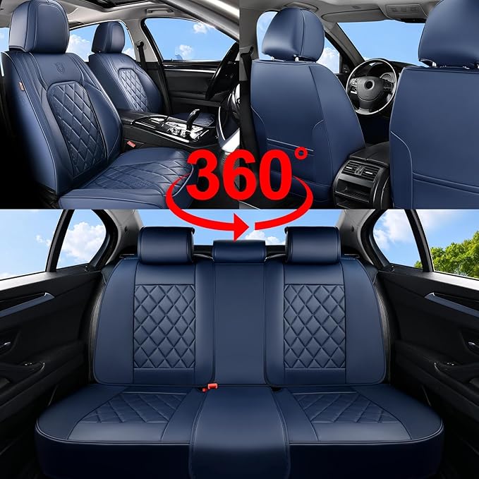Coverado Car Seat Covers Full Set, Luxury Faux Leather Seat Covers for Cars, Waterproof Car Seat Protector, Blue Car Seat Cov