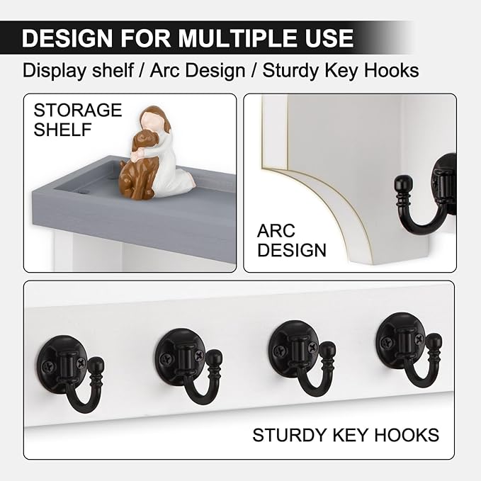 Key and Mail Holder Wall Mount, Key Holder with Shelf and Mail Organizer Wall Mount. Mail Holder with 5 Hooks for Coat, Dog L