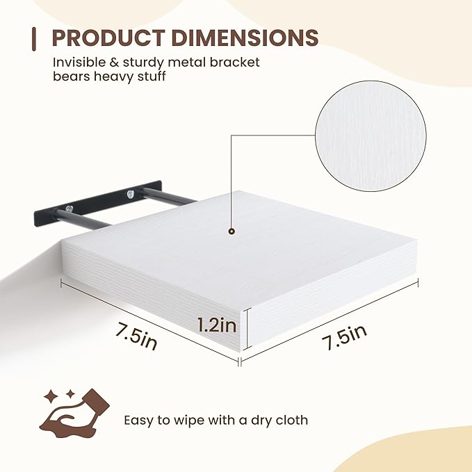 Fun Memories Floating Shelves for Wall - 7.5 Inch Square Shelves with Invisible Brackets, White Small Wall Shelf for Living R