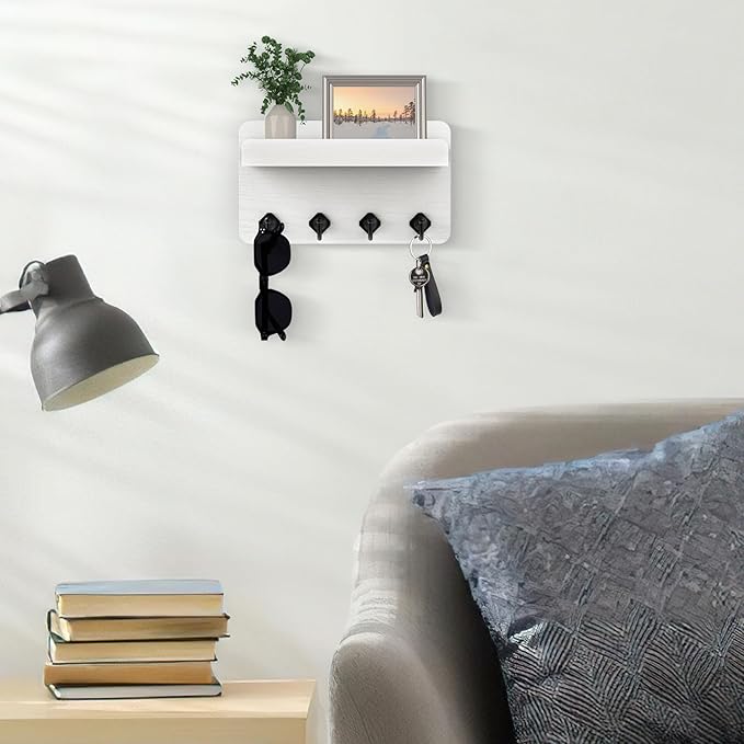 Nekon Key Holder Wall Mount, 8.5 Inch Small Home Decor Wooden Wall Organizer with 4 Hooks and Shelf, Key and Mail Holder for 
