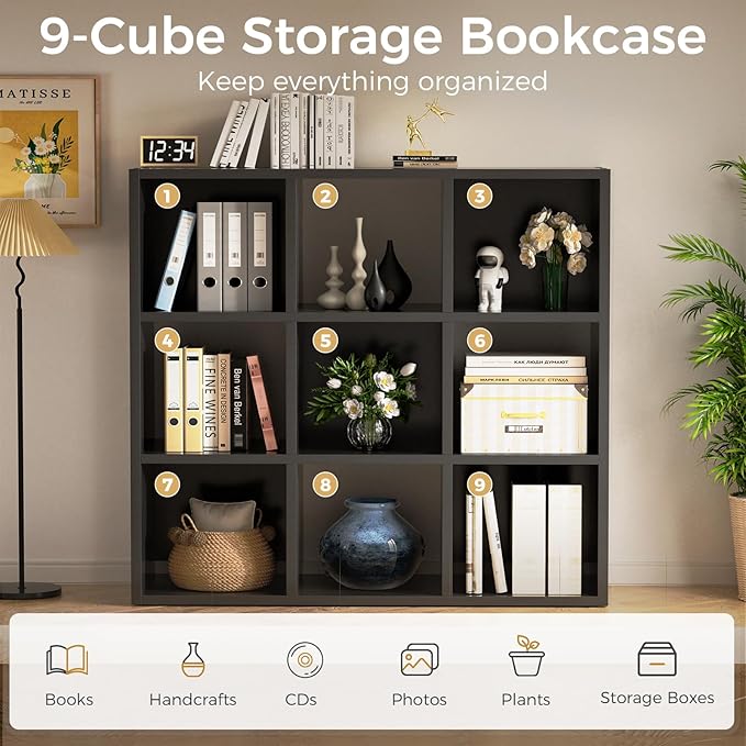 COMHOMA 9 Wood Cube Storage Organizer with Open Back and Removable Back Panels, 11In Black Cube Storage Bookshelf, Cubicle Sh