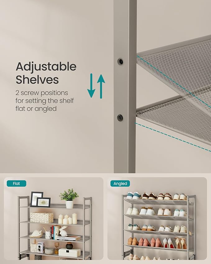 SONGMICS Shoe Rack, 8-Tier Shoe Organizer, Metal Rack for Garage, Set of 2, 4-Tier Stackable Shelf, with Adjustable Flat or A