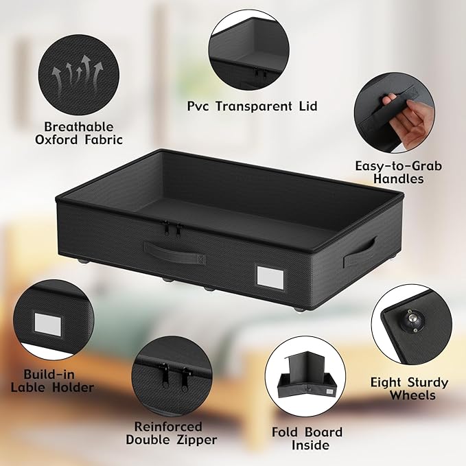 Underbed Storage With Wheels, No Assembly Required - 5.5 Inch Height Black Underbed Bins, Low Profile Rolling Shoe Storage Co