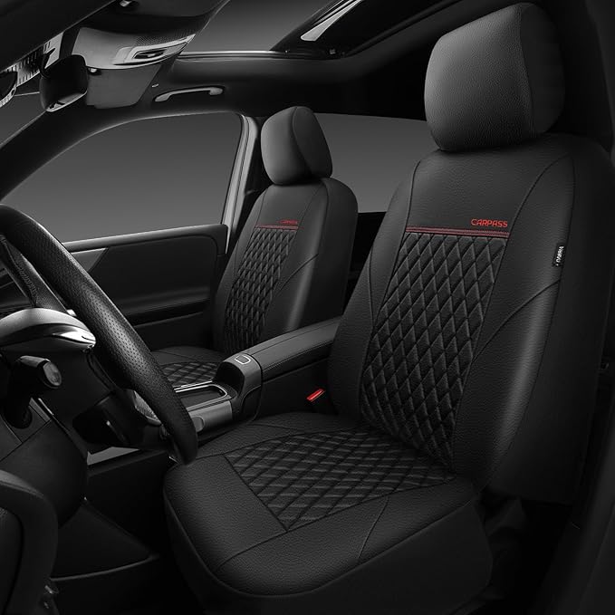 CAR PASS Quilting Leather Seat Cover Two Front Seats Only, Universal Fit Automotive Front Seat Covers Waterproof Deluxe PU Pr