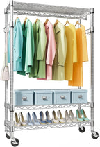 M MZG Heavy Duty Rolling Garment Rack 3 Tiers Adjustable Wire Shelving Clothes Rack with Rods and Side Hooks,Storage Closet C