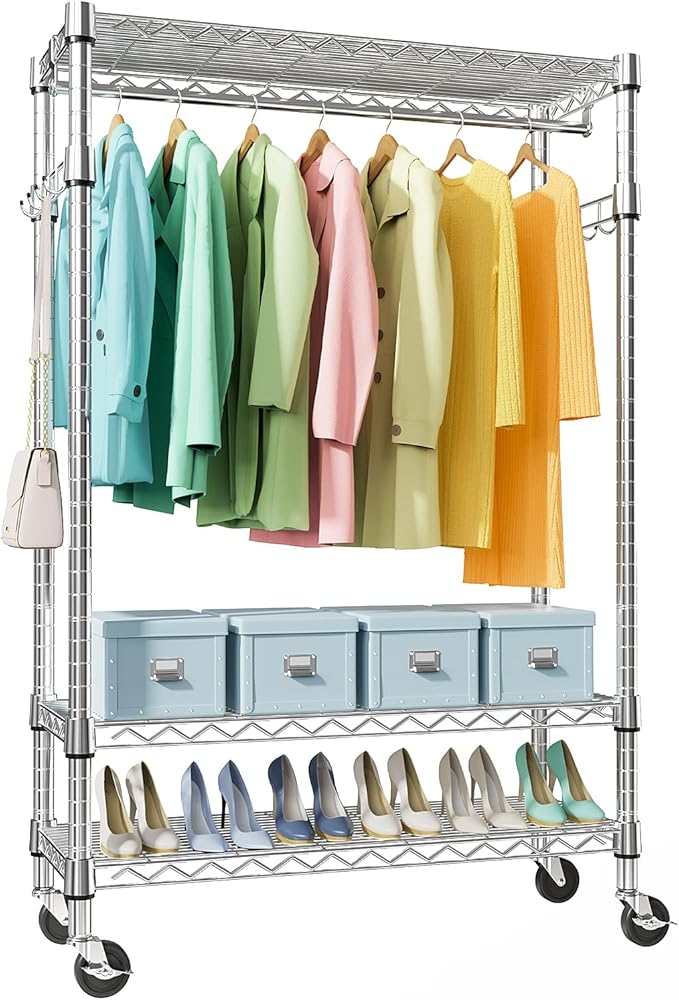 M MZG Heavy Duty Rolling Garment Rack 3 Tiers Adjustable Wire Shelving Clothes Rack with Rods and Side Hooks,Storage Closet C