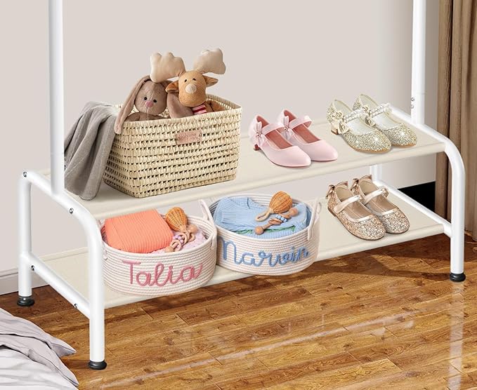 Kids Clothing Rack - Dress Up Clothes Rack - Baby Toddler Closet - Mini Freestanding Coat Racks with 2 Fabric Shelves - Small