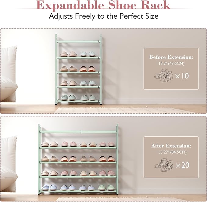 Bumusty 5-Tier Expandable Shoe Rack for Closet, 18“-33” Adjustable Shoe Rack for Small Space, Small Shoe Organizer for Front 