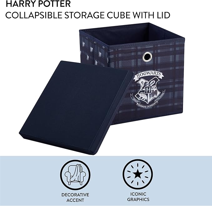 Harry Potter Collapsible Storage Cube with Removable Lid,10” x 10” x 10” Fabric Organizer Bin for Kids Bedroom, Closet or Pla