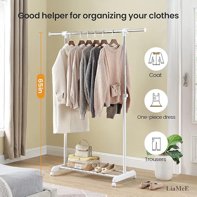 LiaMeE Adjustable Clothing Rack for Hanging Clothes, Heavy Duty Garment Rack with Wheels，Free Standing Rolling Clothes Rack w