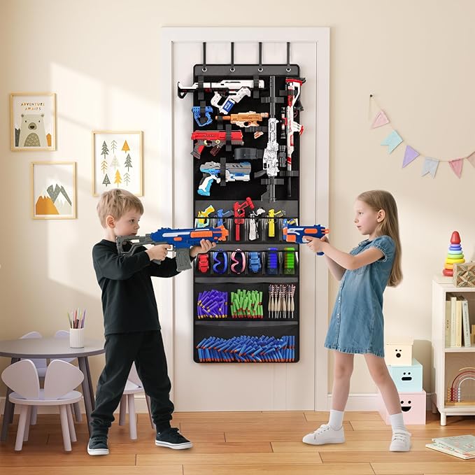 Mefirt Over The Door Organizer for Toy Guns, Toys Storage Door Hanger with Pockets and Slots for Kids Foam Blasters, Darts, G